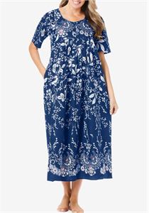 100% Cotton Navy Blue Vines Pocket Long Lounger Dress