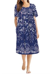 100% Cotton Navy Blue Vines Pocket Lounger Dress