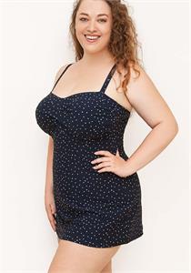 Navy Dotty Twisted Front Swimdress with Wirefree Soft Bra D-E